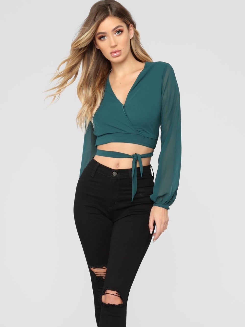Fashion Nova Teal Wrap-Front High-Rise Crop Top
